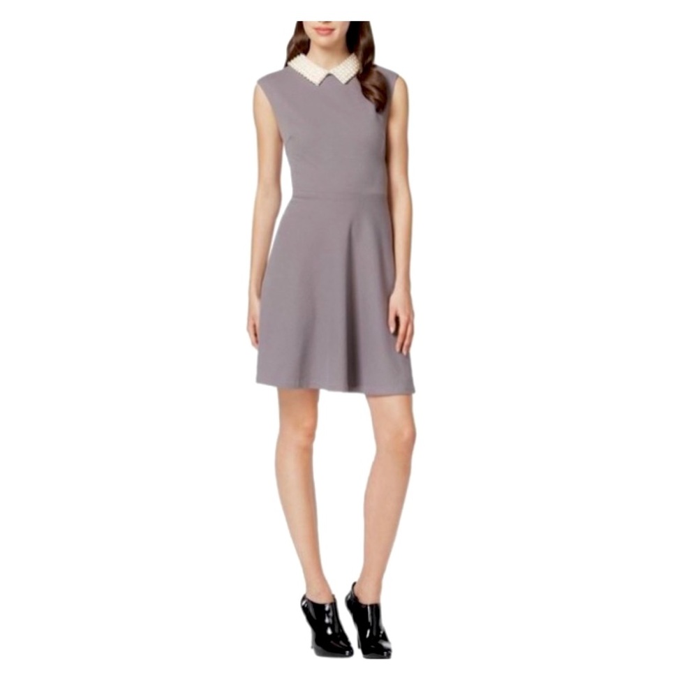 Betsey Johnson Gray Sleeveless Fit-and-Flare Dress with Ornamented Pearl Collar